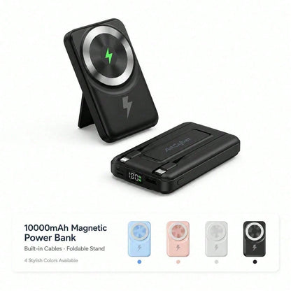 White 10000mAh Magnetic Wireless Battery Pack With 15W Output And 22.5W Fast Charging, Featuring An LED Power Readout, Slim White Shell And Rear Stand For Hands-Free Viewing, Made For Magnetic-Ready P