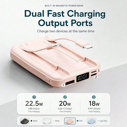 White 10000mAh Magnetic Wireless Battery Pack With 15W Output And 22.5W Fast Charging, Featuring An LED Power Readout, Slim White Shell And Rear Stand For Hands-Free Viewing, Made For Magnetic-Ready P
