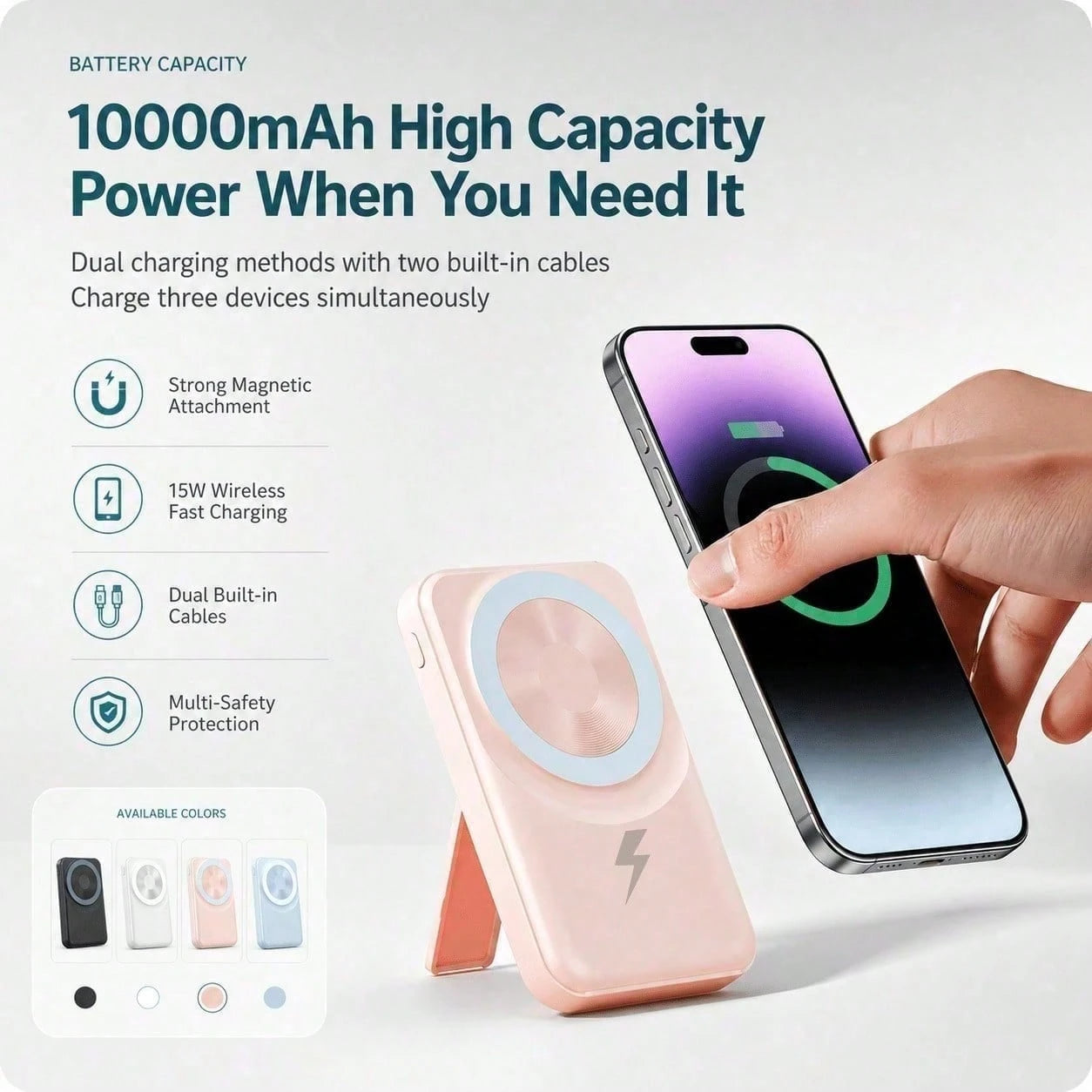 White 10000mAh Magnetic Wireless Battery Pack With 15W Output And 22.5W Fast Charging, With Percentage Battery Screen, White And Green Styling And Adjustable Hands-Free Stand, Designed For IPhone 16 T