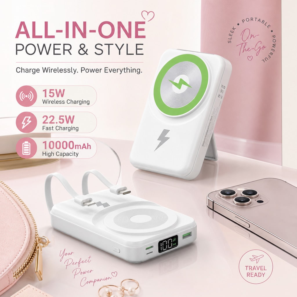 White 10000mAh Magnetic Wireless Battery Pack With 15W Output And 22.5W Fast Charging, Featuring An LED Power Readout, Slim White Shell And Rear Stand For Hands-Free Viewing, Made For Magnetic-Ready P