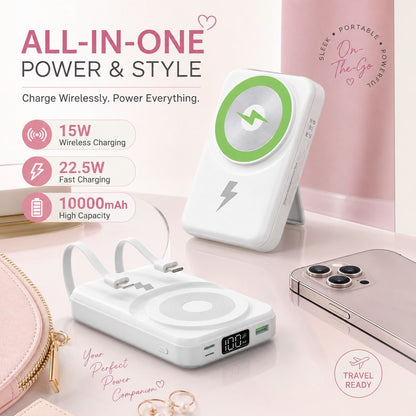 White 10000mAh Magnetic Wireless Battery Pack With 15W Output And 22.5W Fast Charging, Featuring An LED Power Readout, Slim White Shell And Rear Stand For Hands-Free Viewing, Made For Magnetic-Ready P
