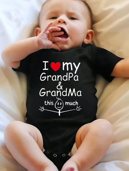 White Baby Clothing With "I ♥ My GrandPa & GrandMa This Much" Print And Stick Figure Drawing Baby Boys And Girls 2025 Newborn Baby Bodysuit Casual Short Sleeve Knitted Fabric Monogram Print Regular Ba