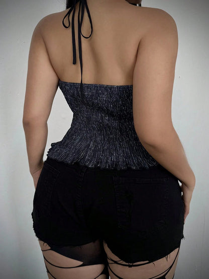 Whyspr Halloween Cosplay Plus Size Women's Halter Neck Tie Design Casual Versatile Daily Wear Top