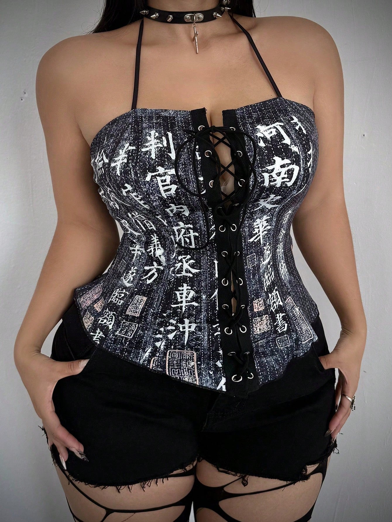 Whyspr Halloween Cosplay Plus Size Women's Halter Neck Tie Design Casual Versatile Daily Wear Top