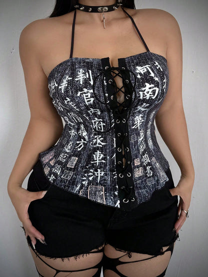 Whyspr Halloween Cosplay Plus Size Women's Halter Neck Tie Design Casual Versatile Daily Wear Top