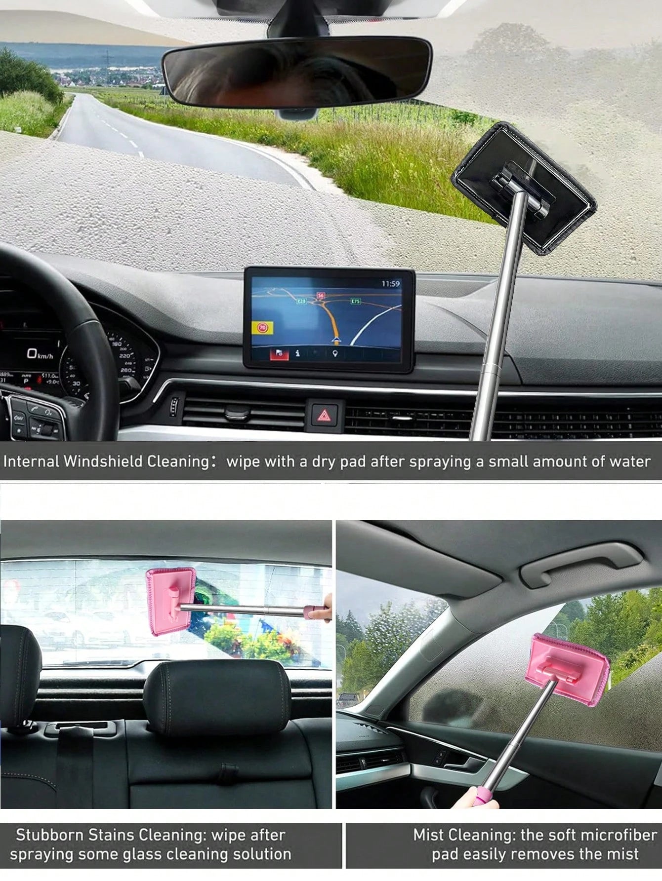 Windshield Cleaning Tool Set – Detachable Handle With 1-5 Microfiber Cloths| Multi-Pack Auto Glass Wiper & Cleanser Brush| All-In-One Car Cleaning Kit For Windows & Windshields| Essential Interior