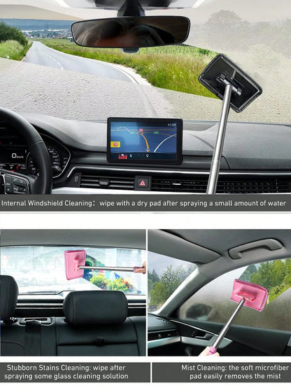 Windshield Cleaning Tool Set – Detachable Handle With 1-5 Microfiber Cloths| Multi-Pack Auto Glass Wiper & Cleanser Brush| All-In-One Car Cleaning Kit For Windows & Windshields| Essential Interior