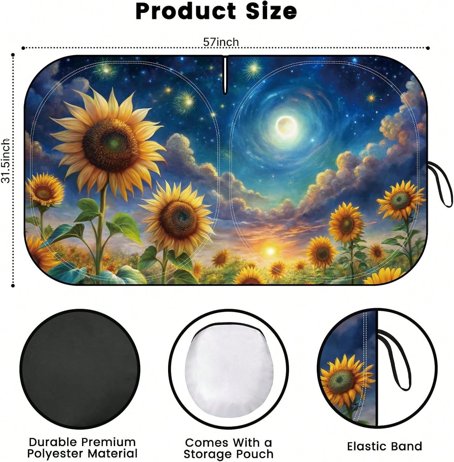 Windshield Sun Shade, Car Sun Shade Windshield, Reflector Sunshade Offers Ultimate Protection For Car Interior, Reflective Polyester Blocks Heat For Sedans, Mini SUVs, Hatchbacks- 57 X 31.5 Inches