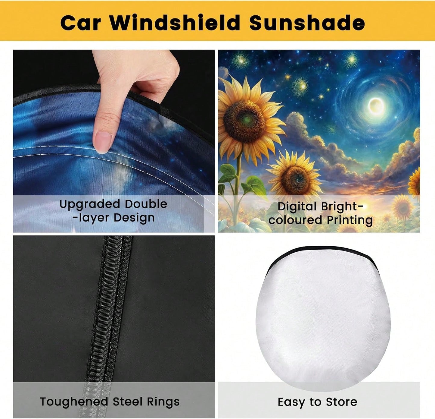 Windshield Sun Shade, Car Sun Shade Windshield, Reflector Sunshade Offers Ultimate Protection For Car Interior, Reflective Polyester Blocks Heat For Sedans, Mini SUVs, Hatchbacks- 57 X 31.5 Inches