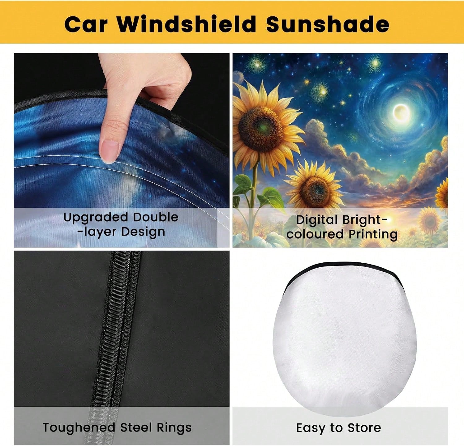 Windshield Sun Shade, Car Sun Shade Windshield, Reflector Sunshade Offers Ultimate Protection For Car Interior, Reflective Polyester Blocks Heat For Sedans, Mini SUVs, Hatchbacks- 57 X 31.5 Inches