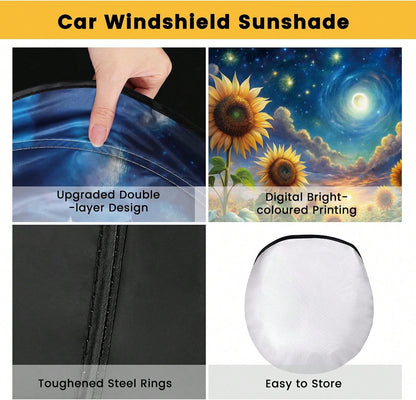 Windshield Sun Shade, Car Sun Shade Windshield, Reflector Sunshade Offers Ultimate Protection For Car Interior, Reflective Polyester Blocks Heat For Sedans, Mini SUVs, Hatchbacks- 57 X 31.5 Inches
