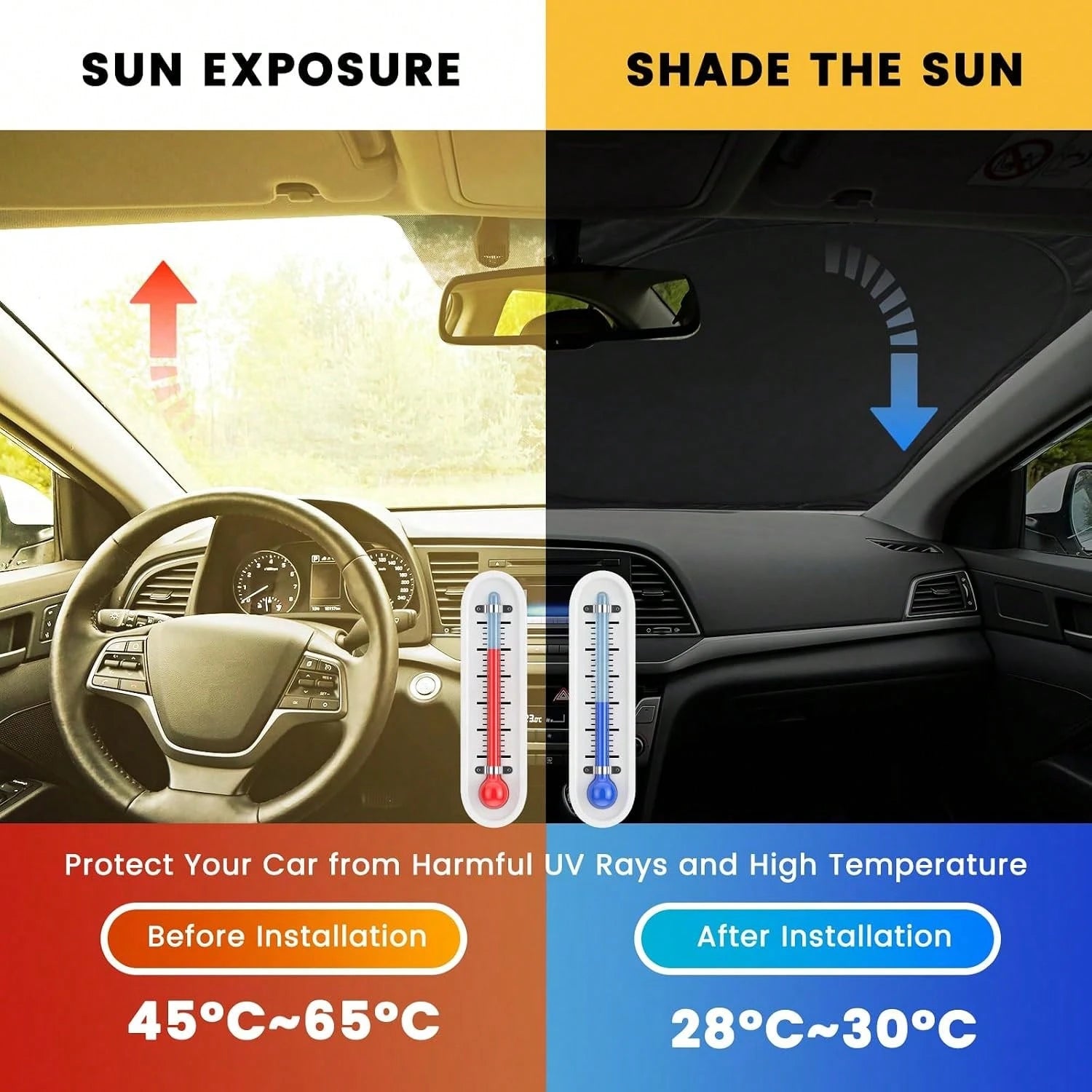 Windshield Sun Shade, Car Sun Shade Windshield, Reflector Sunshade Offers Ultimate Protection For Car Interior, Reflective Polyester Blocks Heat For Sedans, Mini SUVs, Hatchbacks- 57 X 31.5 Inches