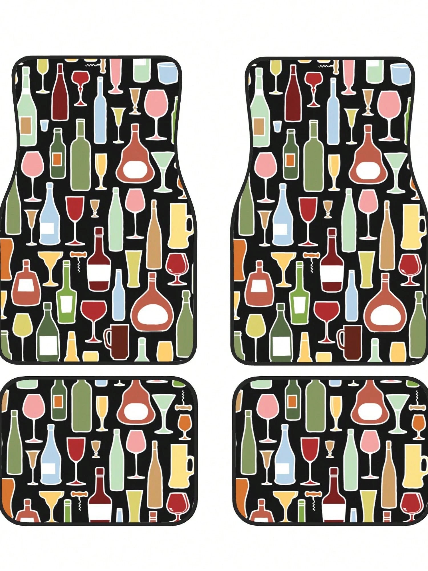 Wine Bottle And Glass 4-Piece Custom Printed All-Weather Floor Mats- Universal Fit For Suv, Truck, Van| Easy Clean