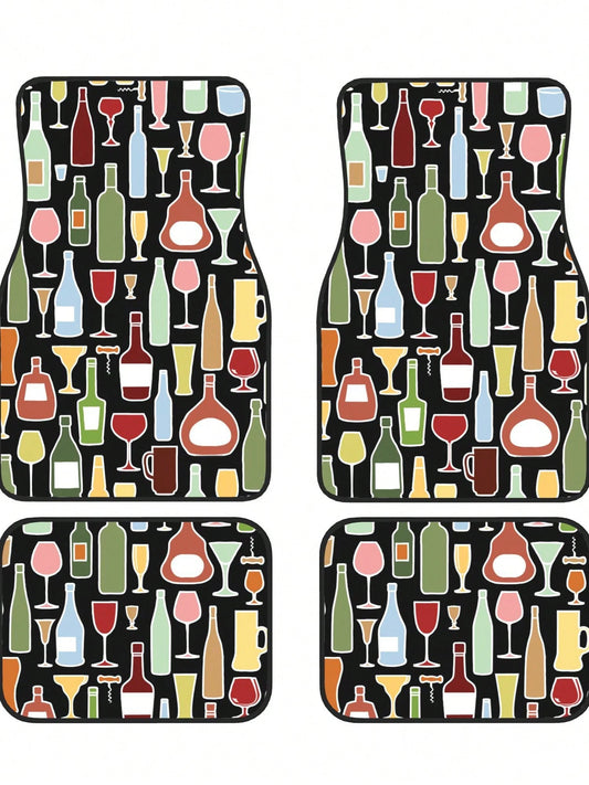 Wine Bottle And Glass 4-Piece Custom Printed All-Weather Floor Mats- Universal Fit For Suv, Truck, Van| Easy Clean