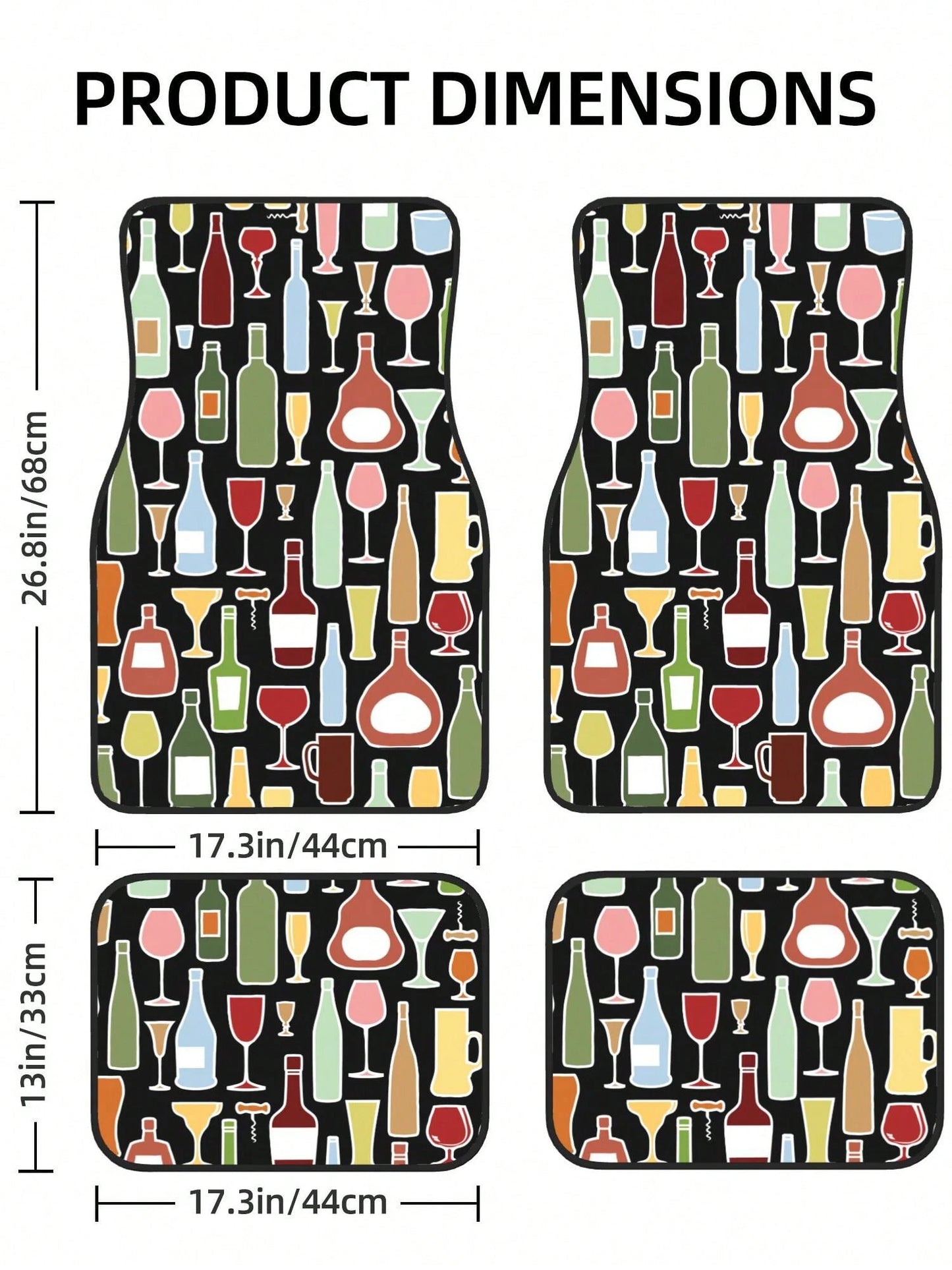 Wine Bottle And Glass 4-Piece Custom Printed All-Weather Floor Mats- Universal Fit For Suv, Truck, Van| Easy Clean