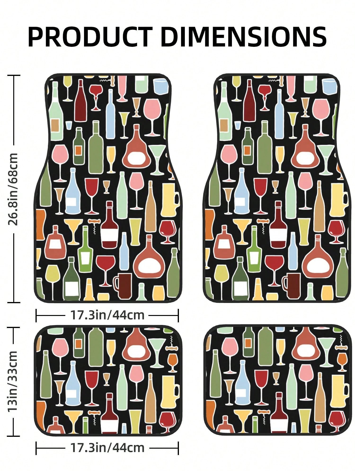 Wine Bottle And Glass 4-Piece Custom Printed All-Weather Floor Mats- Universal Fit For Suv, Truck, Van| Easy Clean