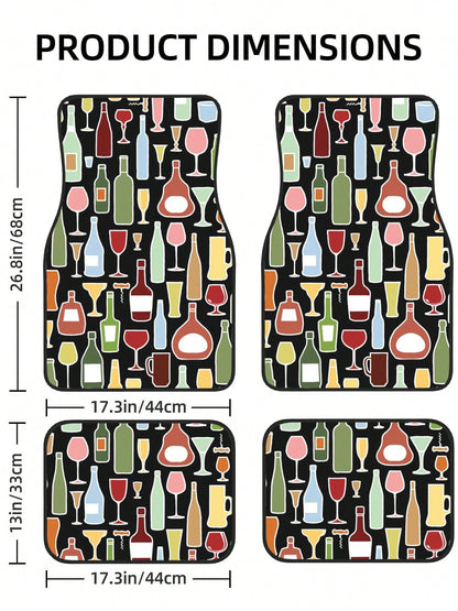 Wine Bottle And Glass 4-Piece Custom Printed All-Weather Floor Mats- Universal Fit For Suv, Truck, Van| Easy Clean