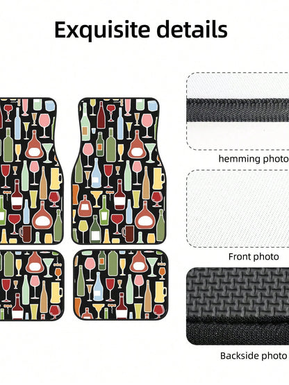 Wine Bottle And Glass 4-Piece Custom Printed All-Weather Floor Mats- Universal Fit For Suv, Truck, Van| Easy Clean