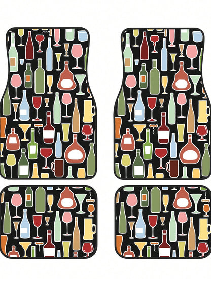Wine Bottle And Glass 4-Piece Custom Printed All-Weather Floor Mats- Universal Fit For Suv, Truck, Van| Easy Clean