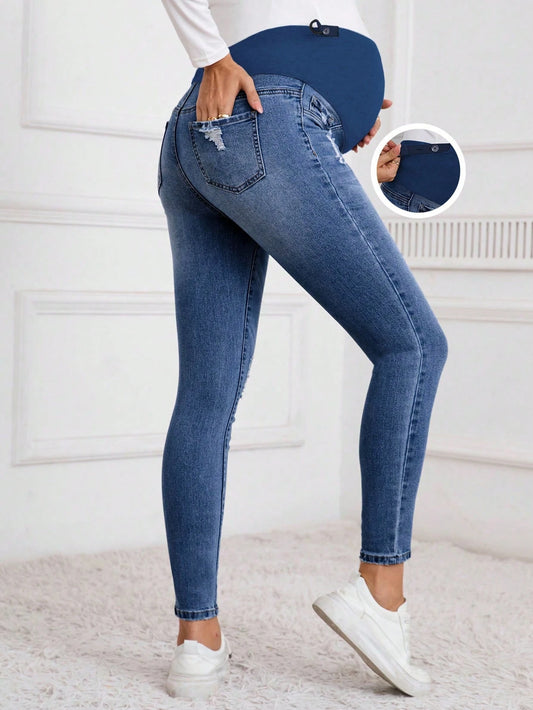 Winter Maternity Casual Washed Distressed Skinny Jeans