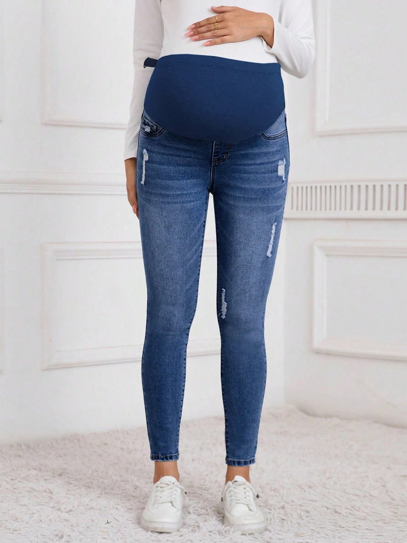 Winter Maternity Casual Washed Distressed Skinny Jeans