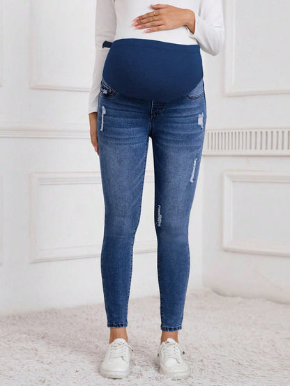 Winter Maternity Casual Washed Distressed Skinny Jeans