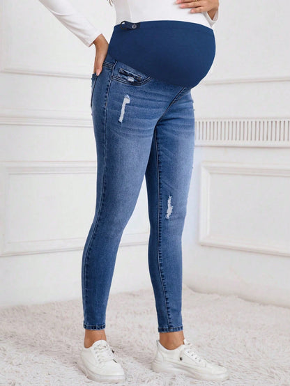 Winter Maternity Casual Washed Distressed Skinny Jeans