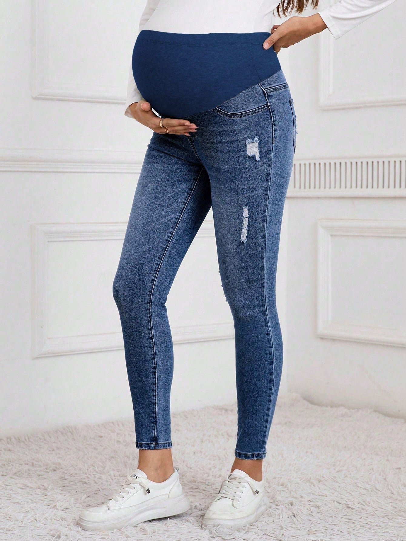 Winter Maternity Casual Washed Distressed Skinny Jeans
