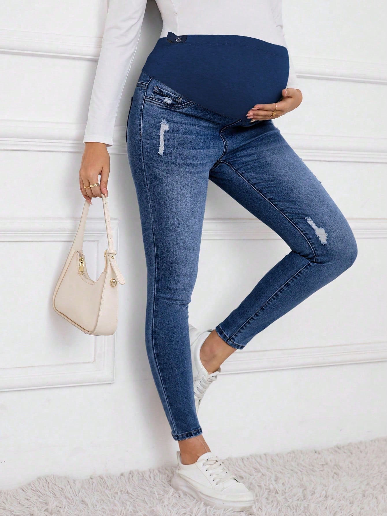 Winter Maternity Casual Washed Distressed Skinny Jeans