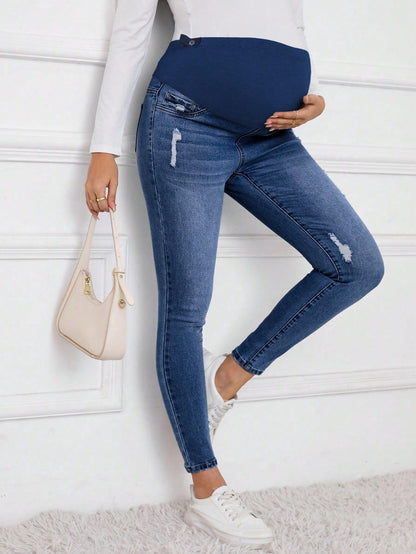 Winter Maternity Casual Washed Distressed Skinny Jeans