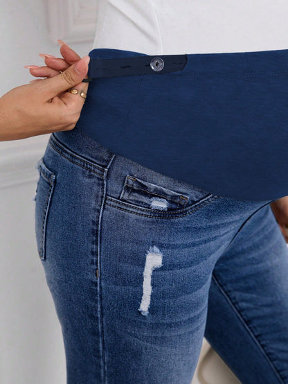 Winter Maternity Casual Washed Distressed Skinny Jeans