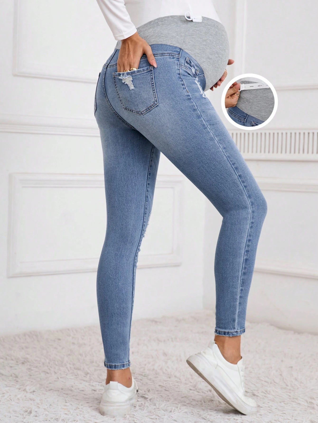 Winter Maternity Casual Washed Distressed Skinny Jeans