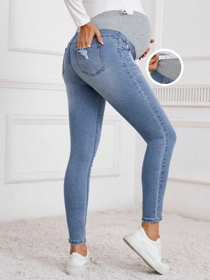 Winter Maternity Casual Washed Distressed Skinny Jeans