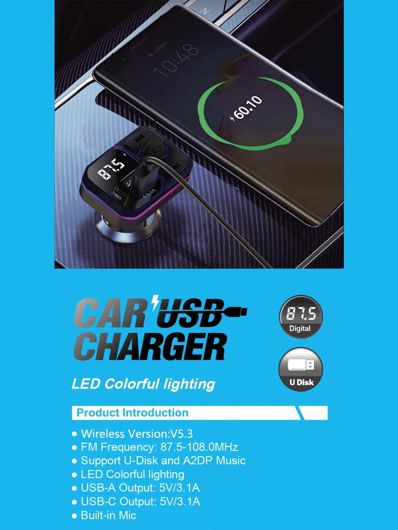 Wireless MP3 Player & 3.1A Multi-USB Car Charger With Colorful Lights, Wireless V5.3 Bluetooth Car Audio Player