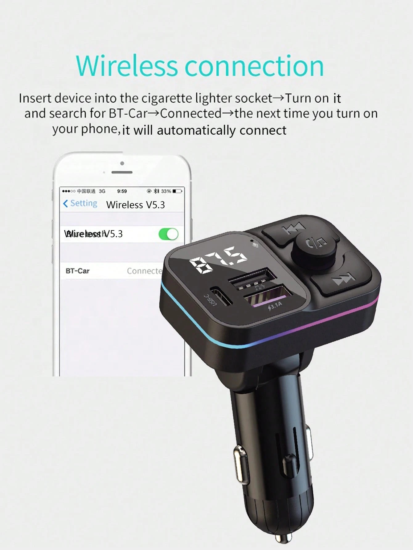 Wireless MP3 Player & 3.1A Multi-USB Car Charger With Colorful Lights, Wireless V5.3 Bluetooth Car Audio Player