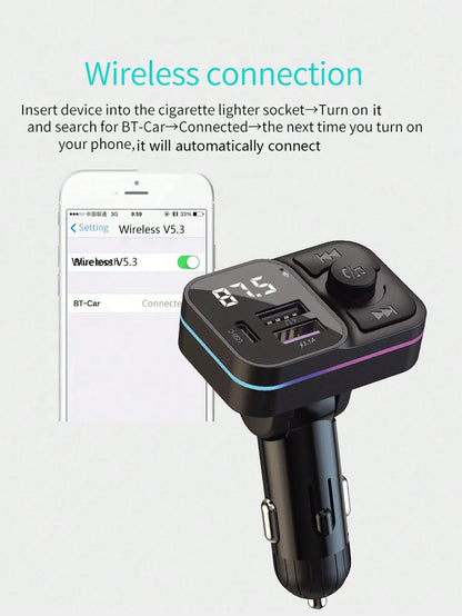 Wireless MP3 Player & 3.1A Multi-USB Car Charger With Colorful Lights, Wireless V5.3 Bluetooth Car Audio Player