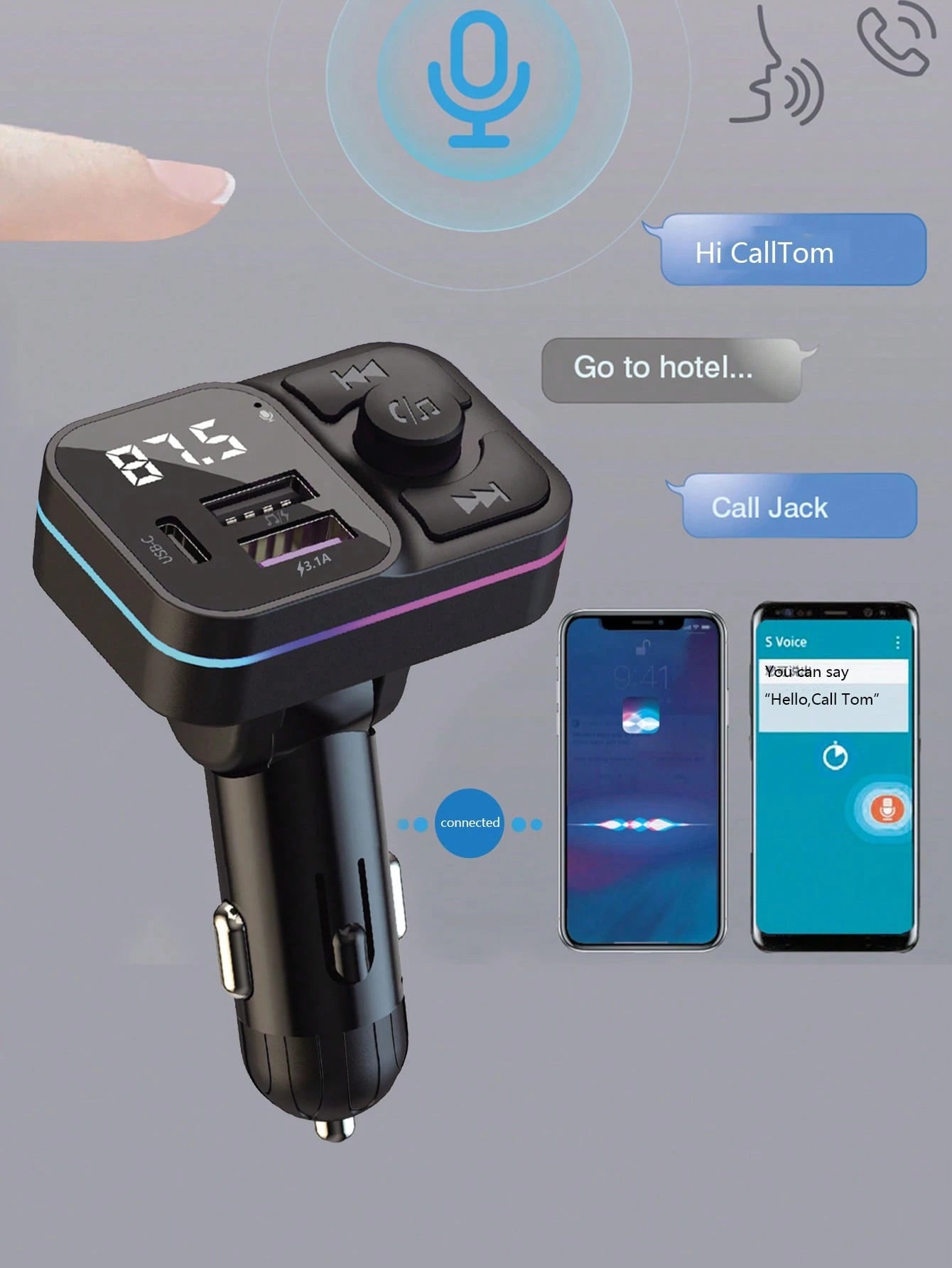 Wireless MP3 Player & 3.1A Multi-USB Car Charger With Colorful Lights, Wireless V5.3 Bluetooth Car Audio Player