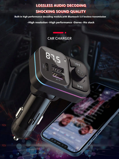 Wireless MP3 Player & 3.1A Multi-USB Car Charger With Colorful Lights, Wireless V5.3 Bluetooth Car Audio Player