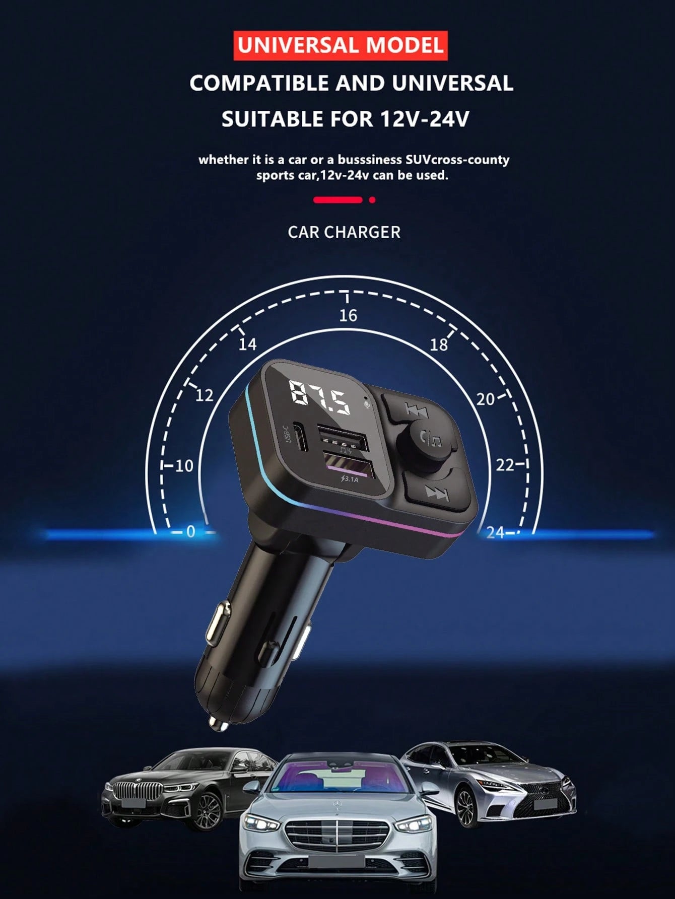 Wireless MP3 Player & 3.1A Multi-USB Car Charger With Colorful Lights, Wireless V5.3 Bluetooth Car Audio Player