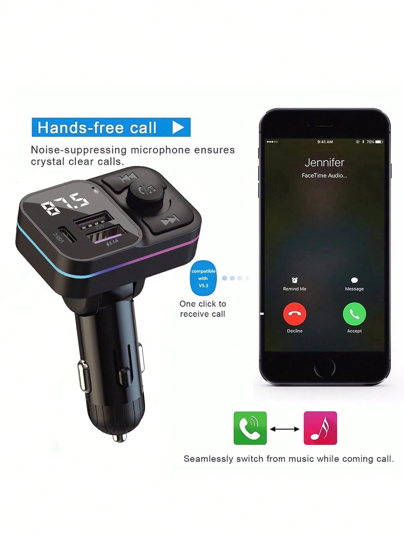 Wireless MP3 Player & 3.1A Multi-USB Car Charger With Colorful Lights, Wireless V5.3 Bluetooth Car Audio Player