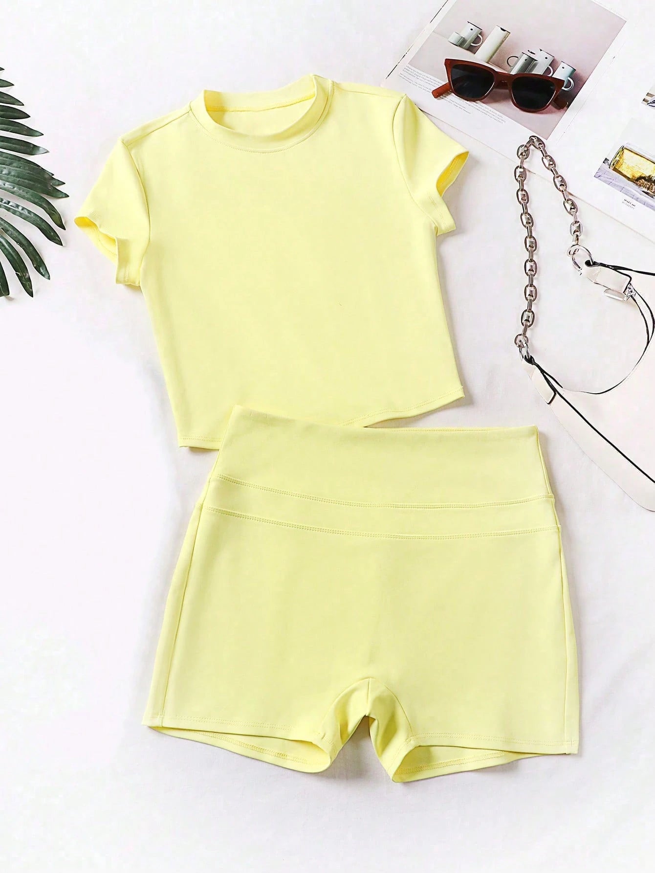 Women 2pcs/Set Round Neck Short Sleeve Elastic Waist Long Pants Casual Set Summer Elegant Yellow