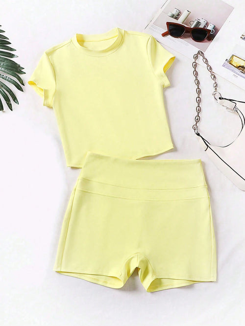 Women 2pcs/Set Round Neck Short Sleeve Elastic Waist Long Pants Casual Set Summer Elegant Yellow