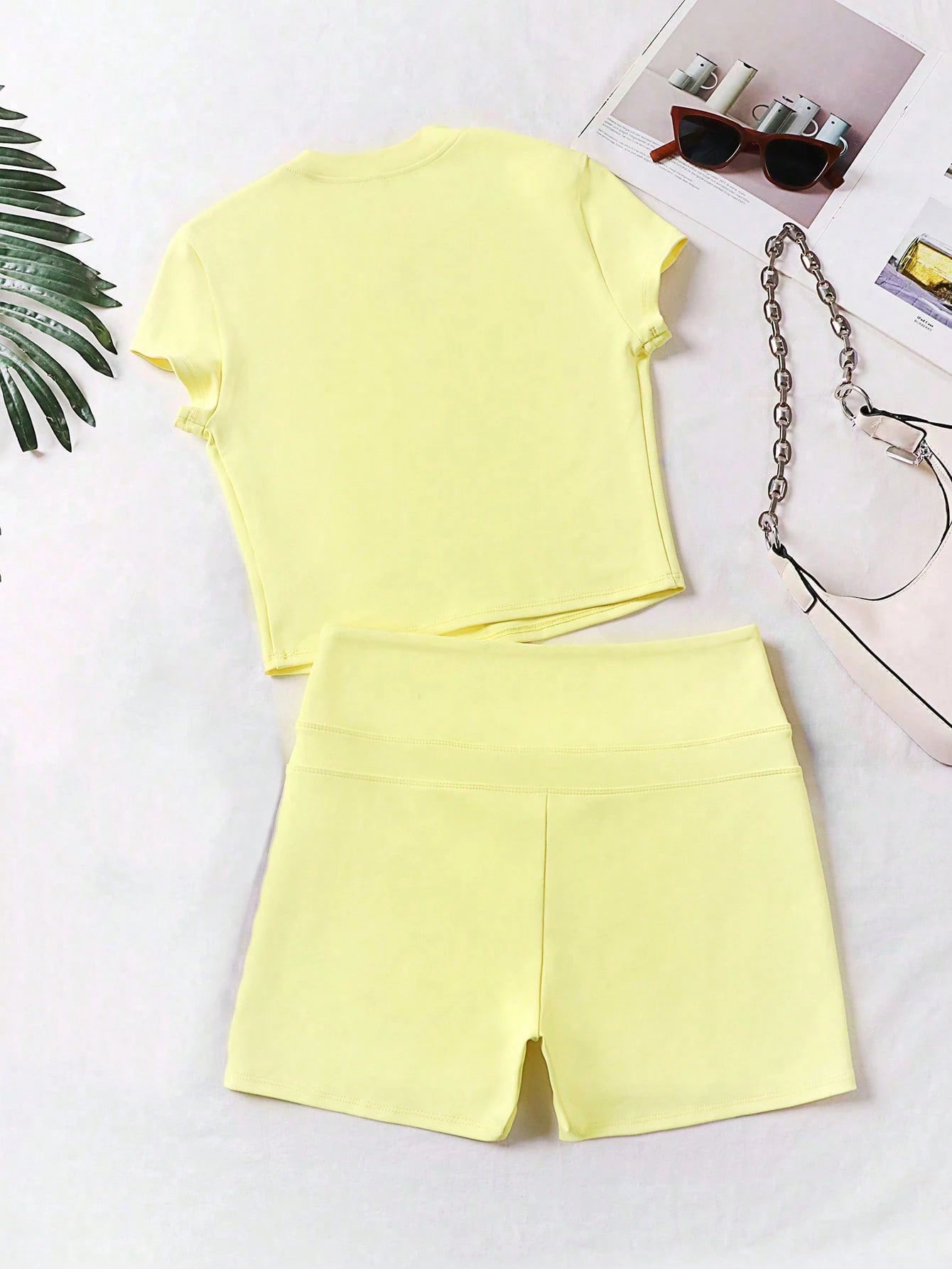 Women 2pcs/Set Round Neck Short Sleeve Elastic Waist Long Pants Casual Set Summer Elegant Yellow