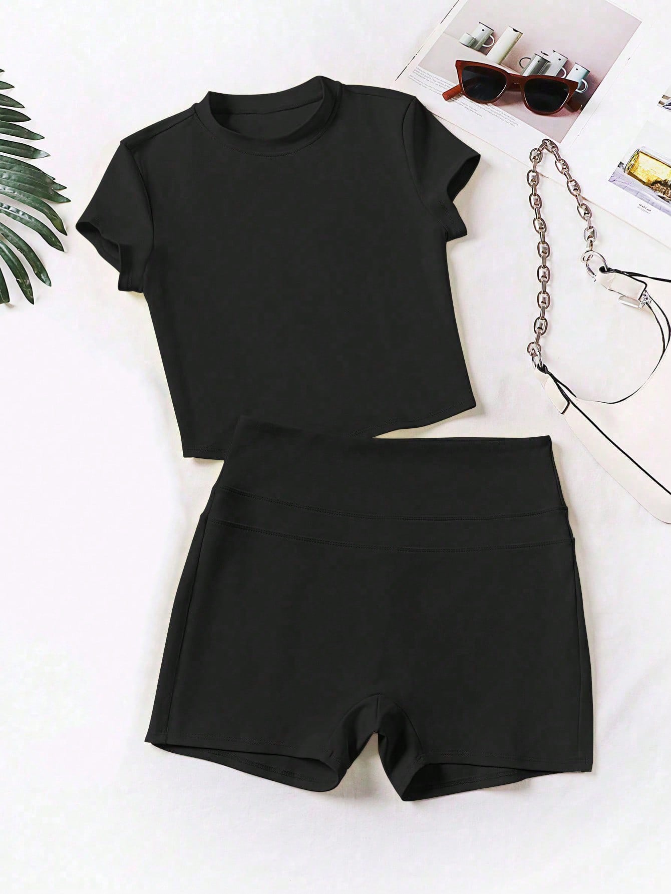 Women 2pcs/Set Round Neck Short Sleeve Elastic Waist Long Pants Casual Set Summer Elegant Yellow