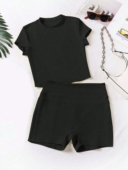 Women 2pcs/Set Round Neck Short Sleeve Elastic Waist Long Pants Casual Set Summer Elegant Yellow