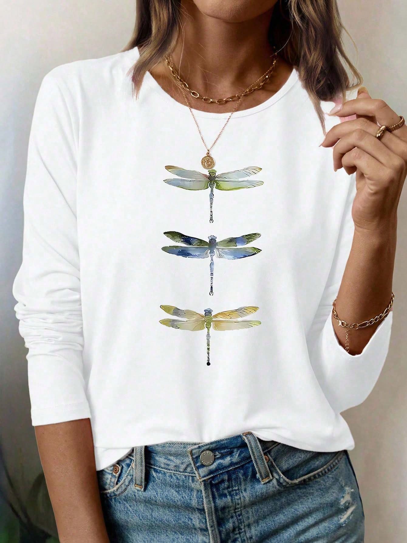 Women Colorful Dragonfly Animal Print Casual Fashion Crew Neck Long Sleeve T-Shirt Fall Cloth For Women