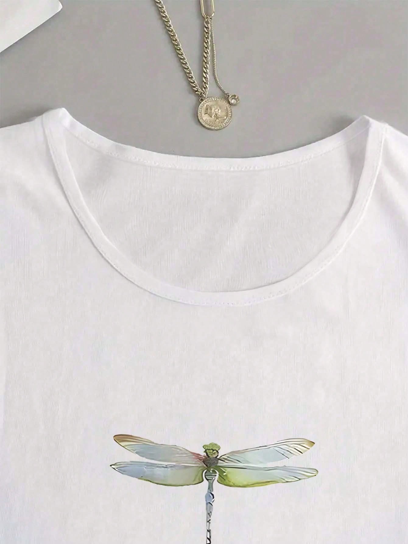 Women Colorful Dragonfly Animal Print Casual Fashion Crew Neck Long Sleeve T-Shirt Fall Cloth For Women
