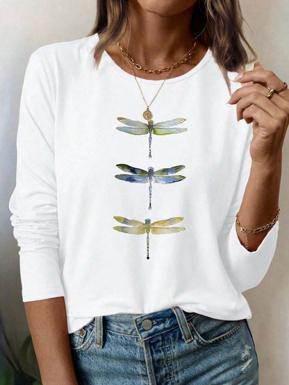 Women Colorful Dragonfly Animal Print Casual Fashion Crew Neck Long Sleeve T-Shirt Fall Cloth For Women