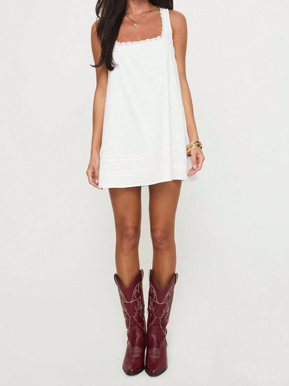 Women Loose Mini Dress Casual Summer Lace Patchwork Square Neck Sleeveless Party Dress For Beach Club Streetwear