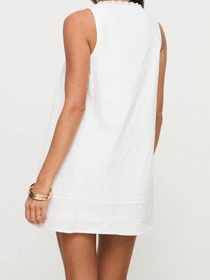 Women Loose Mini Dress Casual Summer Lace Patchwork Square Neck Sleeveless Party Dress For Beach Club Streetwear